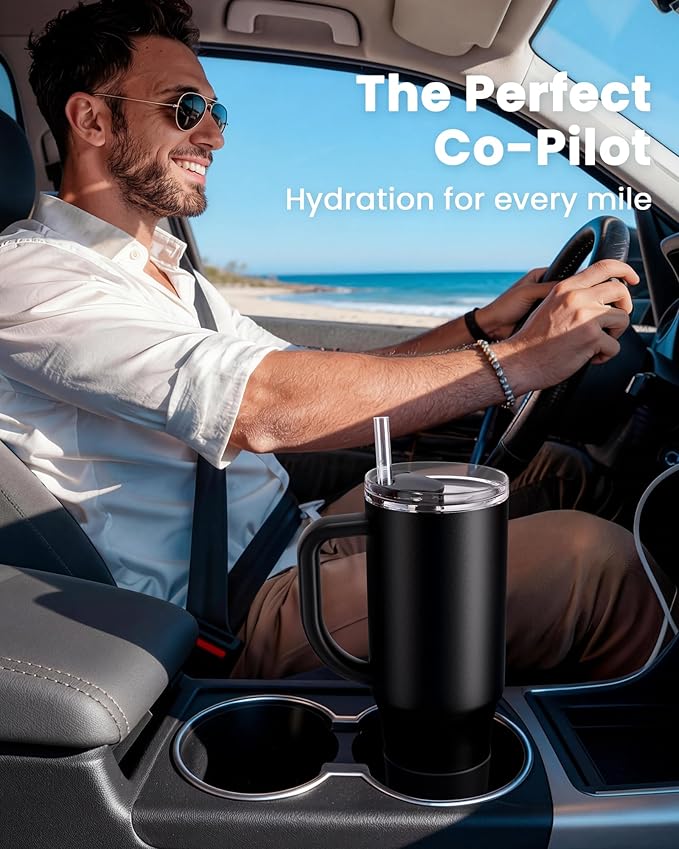 Renoj Insulated Mug 100% Spill Resistant Insulated Water Bottle for Iced Coffee & Hot Drinks - Fits Car Cup Holder, Ideal Gift, 2 Straws & Silicone Boot - FlexSlide White 32 oz