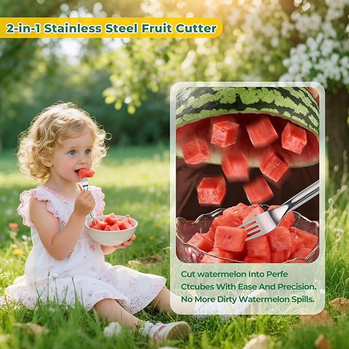 Watermelon Cutter, 2-in-1 Stainless Steel Watermelon Fork Slicer Cutter, Ergonomic Handle, Home Kitchen Gadgets for Watermelon, Cantaloupe, Honeydew & Other Summer Fruit (1PCS)