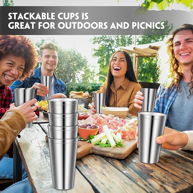 Zopeal Stainless Steel Cups 16 Oz, Double Wall Vacuum Pint Cup Tumbler, Stackable Metal Unbreakable Drinking Glasses for Home and Outdoor(Silver,8 Pcs)