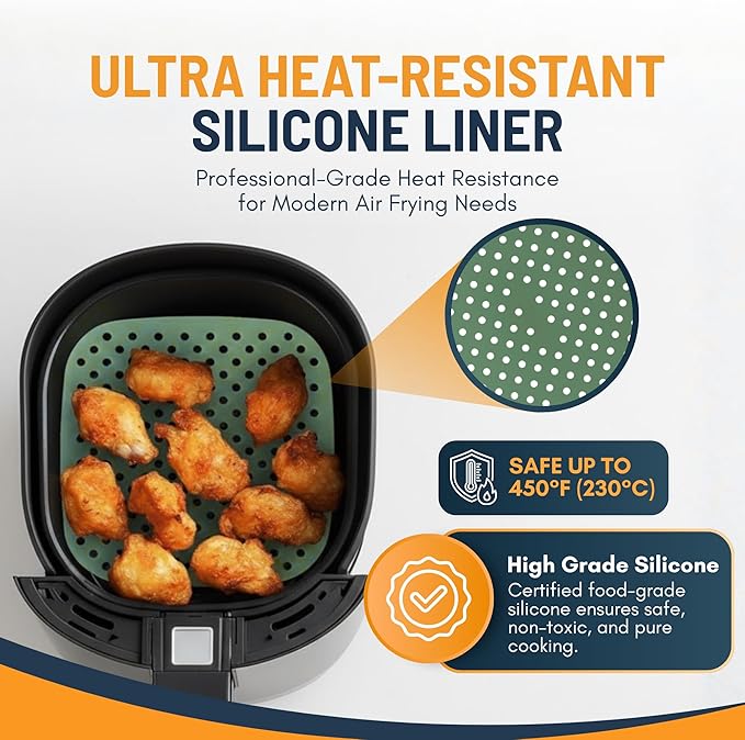 Reusable Square Silicone Air Fryer Liners (7.5 Inch, 3 Pack) by Linda’s Essentials - Non-Stick, Easy-Clean Accessories with Cheat Sheet & Recipe Book, Perfect for Quick Meals