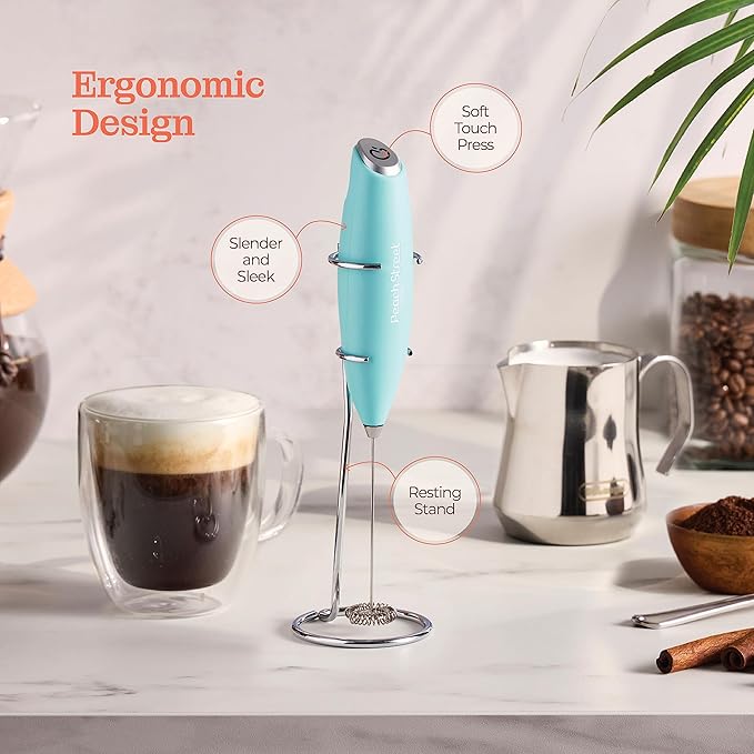 Powerful Handheld Milk Frother, Mini Milk Foamer, Battery Operated (Not included) Stainless Steel Drink Mixer with Frother Stand for Coffee, Lattes, Cappuccino, Frappe, Matcha, Hot Chocolate. (Aqua)