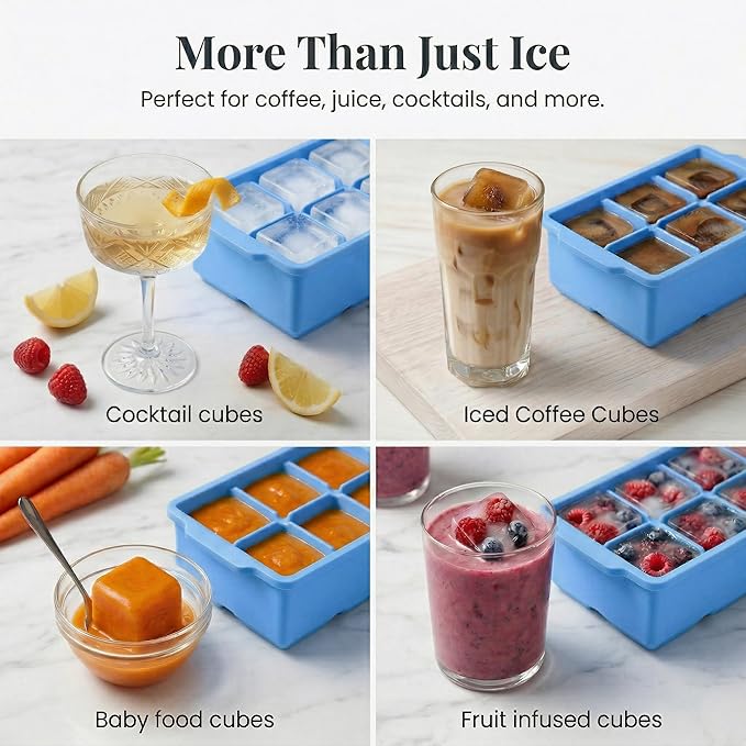 KitchFort Large Silicone Ice Cube Tray (2-Pack), Easy Release 2" Big Ice Cubes - Cocktail, Whiskey Ice Cubes Mold - Ice Trays for Freezer with Lid - Stackable Silicone Ice Tray - Blue