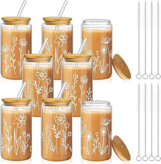 Mumufy 8 Pack Bridesmaid Gift Glass Cups, Cute Flower Mason Jars with Bamboo Lids & Straws, 16oz Iced Coffee Tumblers for Wedding, Bridal Party, Birthday, Mother's Day(Boho Floral)