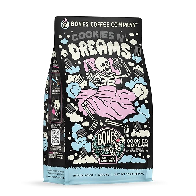 Bones Coffee Company Cookies 'N Dreams Cookies and Cream Flavored Coffee, Medium Roast Low Acid Arabica Beans Compatible with Auto drip and French Press Coffee Maker, 12 Oz Ground