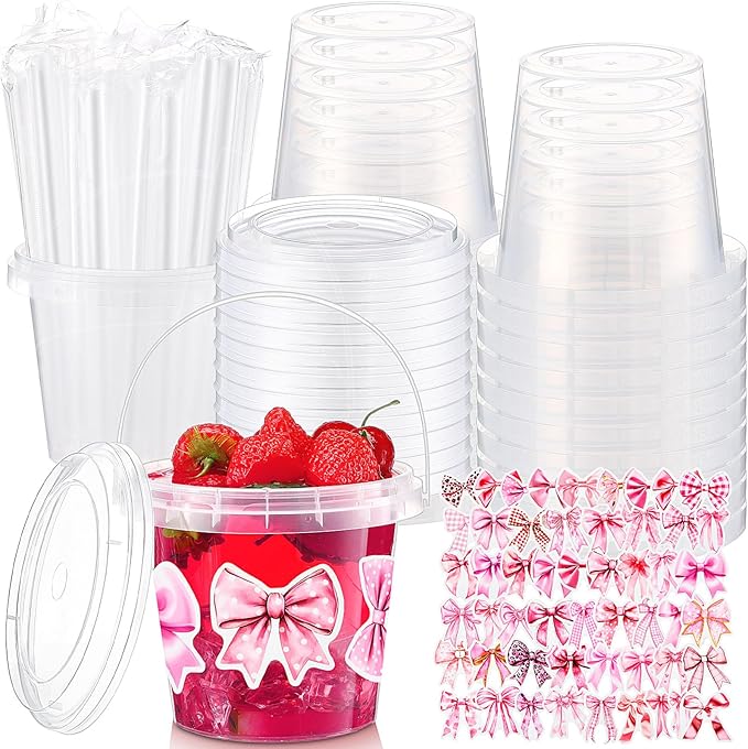 Funnymoom 30 Set Pink Bow Clear Plastic Cups with Lids & Straws 24oz Disposable Rum Drink Buckets Bulk for Cocktail Parties with Handles & Stickers for Holiday Birthday Beach Pool Party Supplies