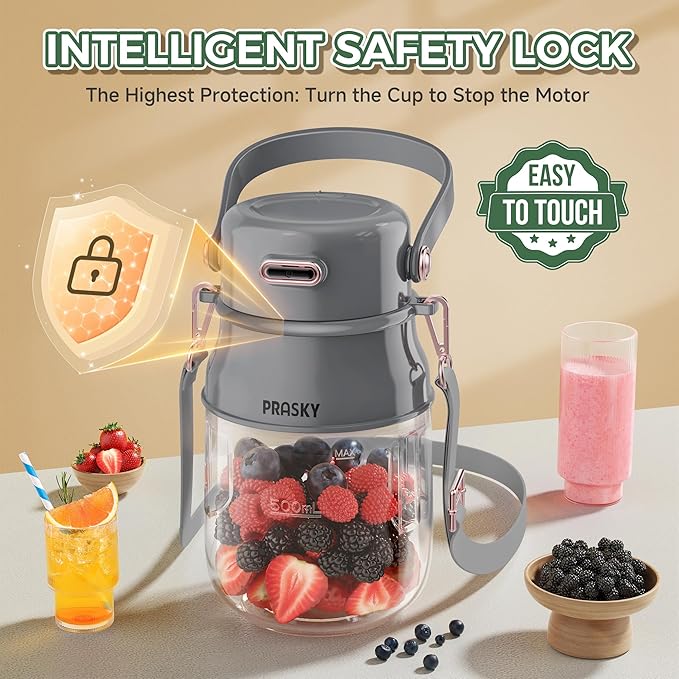 Portable Blender, Prasky Personal Blenders for Shakes and Smoothies with 33oz Cup, Lid and Shoulder Strap, Type-C USB Rechargeable, Personal Size Blenders BPA-free for Travel/Kitchen