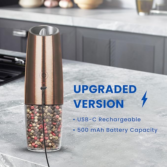 UNNEES Rechargeable Electric Salt and Pepper Grinder set of 2, gravity electric salt and pepper grinder set, Adjustable Roughness, LED Light, 2 Pack, (Copper)