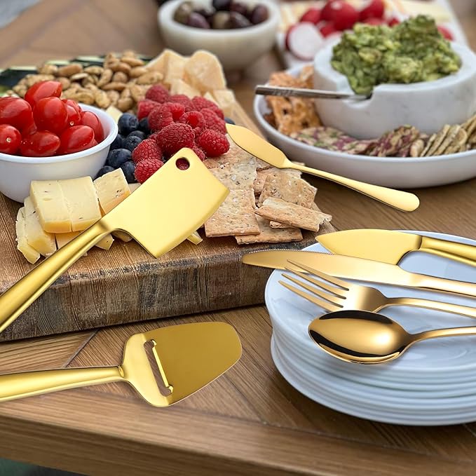 Gold Cheese Knives Silverware 8 Pieces include Dinning Knife Fork Spoon Stainless Steel Kitchen Cooking Gadget Tool Baking Utensils Multifunctional for Everyday Use and Parties