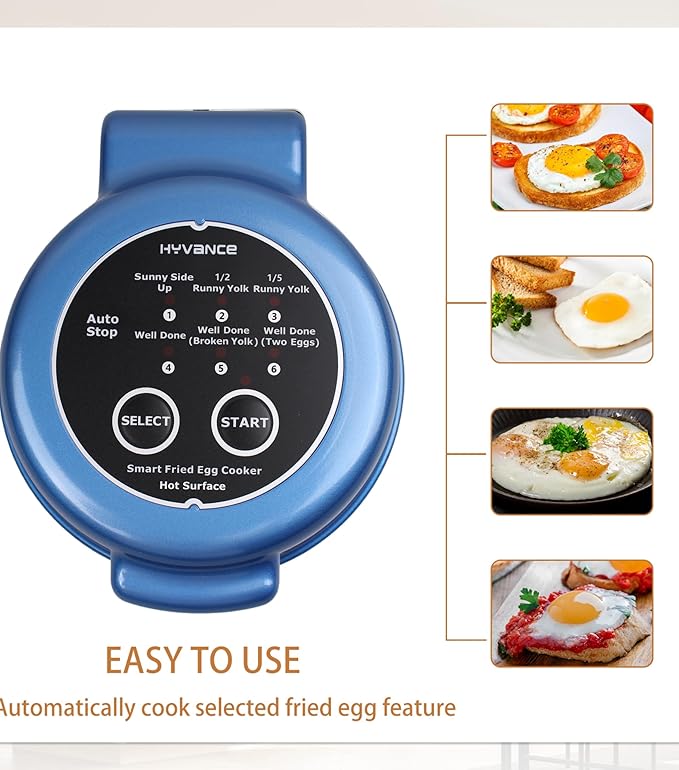 Hyvance Smart Fried Egg Cooker, Automatic Fried Egg Maker for 6 Features like Sunny Side Up, Over Easy, Fully Cooked & More. Auto Power Off, Alarm, Round Shape, Non Stick Coating