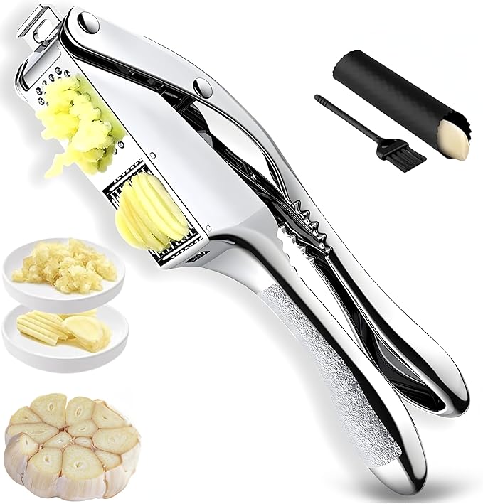 Garlic Press Stainless Steel, Heavy Duty Garlic Crusher & Mincer, Easy Squeeze Ergonomic Handle, Dishwasher Safe, Includes Peeler & Brush, 3-in-1 Set