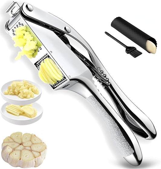Garlic Press Stainless Steel, Heavy Duty Garlic Crusher & Mincer, Easy Squeeze Ergonomic Handle, Dishwasher Safe, Includes Peeler & Brush, 3-in-1 Set
