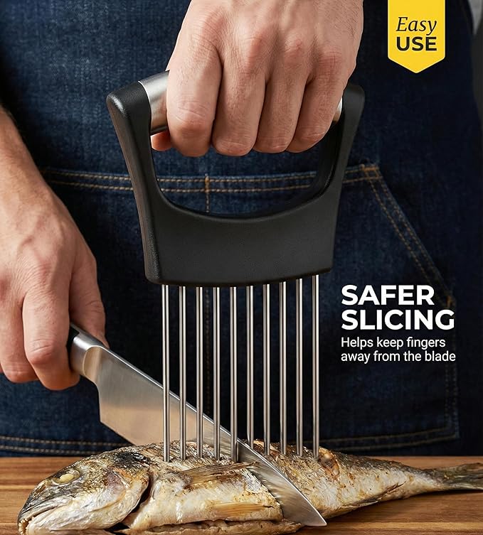 Onion Holder & Food Slicer Guide – Heavy Duty Stainless Steel Meat Tenderizer & Vegetable Cutter – Odor-Free Finger Guard for Onions, Tomatoes & Lemons (Dishwasher Safe)