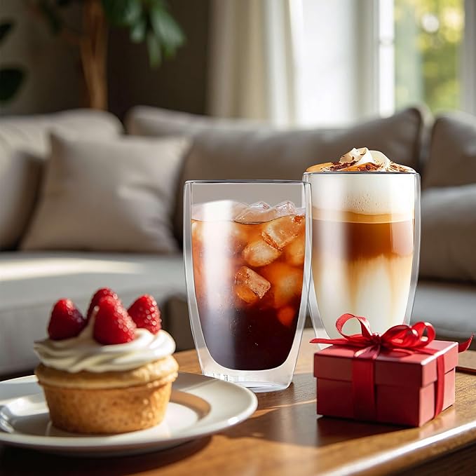 MESNEY 17oz Double Walled Glass Coffee Mugs, Insulated Clear Cappuccino Latte Glass Coffee Mugs for Home, Cafe & Restaurant, Durable Stackable Drinking Glasses