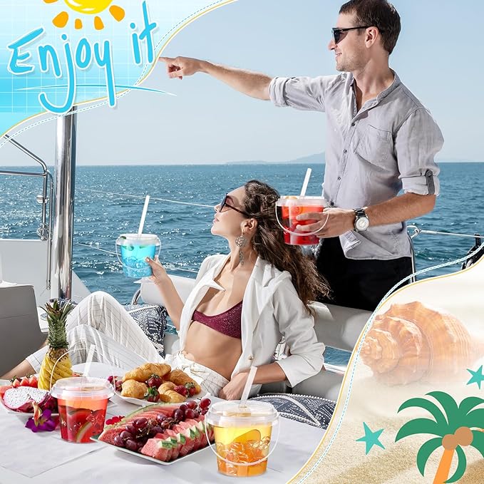 Funnymoom 100 Set 24oz Clear Plastic Drink Buckets with Lids and Straws Disposable Iced Coffee Cups Rum Buckets for Cocktail Parties Smoothie Cup Bulk with Handles for Beach Pool Party Supplies