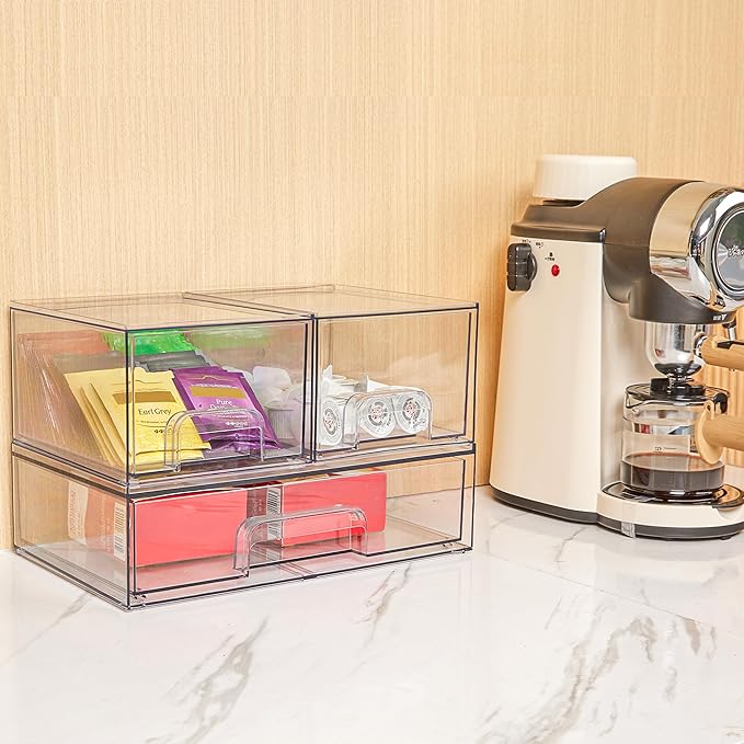 Vtopmart Clear Stackable Storage Drawers Set of 5, Plastic Organizer Bins for Makeup, Cosmetics, Beauty Supplies,Ideal for Vanity, Bathroom,Cabinet,Pantry Organization