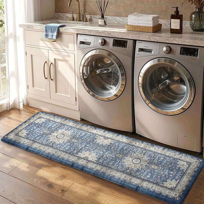 Collive Kitchen Rugs Anti Fatigue, Cushioned Kitchen Floor Mats Waterproof, Non Skid Comfort Standing Mats for Office, Sink, Laundry, 17”x59”, Blue
