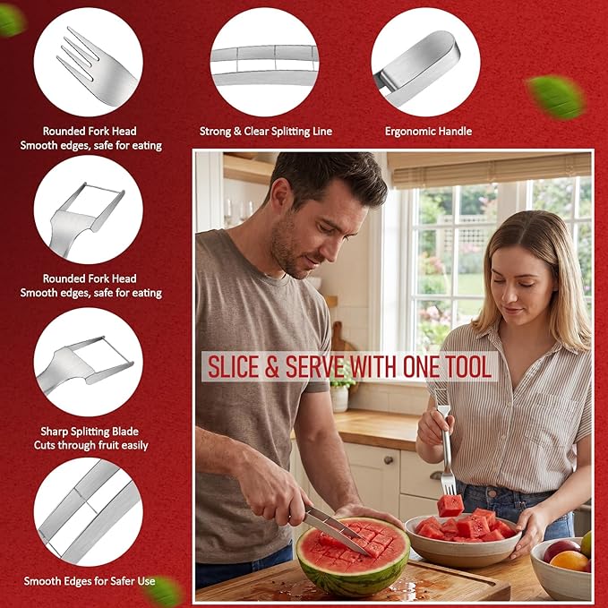 LemonRoad 2 Pcs Watermelon Cutter Slicer Set, 2-in-1 Stainless Steel Fruit Cutter with Fork & Watermelon Cutters Tool for Easy Cubes, Quickly Melon Slicer Tool Set for Home Party Camping Kitchen