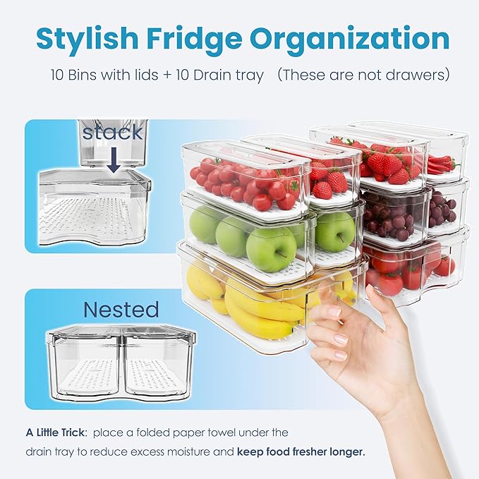SMRCAD 10 Pack Refrigerator Organizers, Clear Container and Organizer Bins with Lids, Stackable Storage Containers for Fruits, Vegetable (Set of 10)
