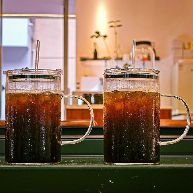 20oz Glass Tumblers with Lids and Straws - Stylish Vintage Ribbed Design for Iced Coffee, Juice, Smoothies, Milkshakes, Cold Beverages & Whiskey Cocktail Beer (Thin Inner Ridge)