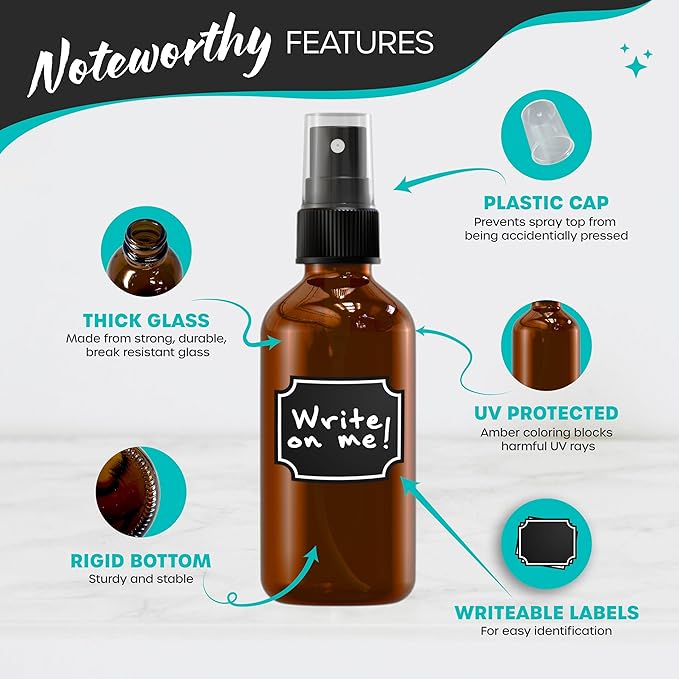 Nevlers Amber Glass Spray Bottles 4 Oz 24 Pack | Small Spray Bottle 4 Oz Set w/Shrink Wrap, Funnel, Labels, Brush & Marker | Spritzer Bottles for Hair, Face & More | Glass Bottle Sprayer for Travel