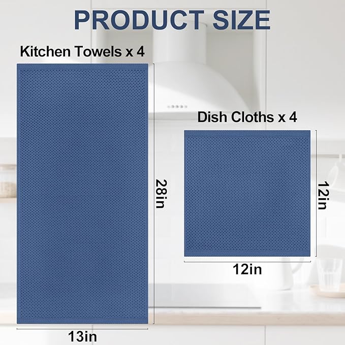 Homaxy 100% Cotton Kitchen Towels and Dishcloths Set, 12 x 12 Inches and 13 x 28 Inches, Set of 8 Bulk Kitchen Towels Set, Ultra Soft Absorbent Dish Cloths for Washing Dishes, Navy Blue