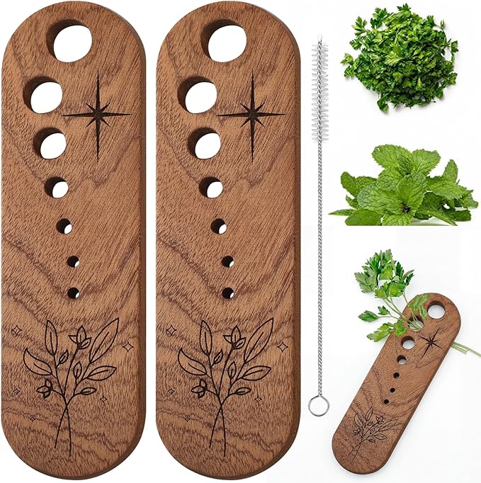 LemonRoad 2 Pcs Wooden Vegetable Leaf Separator Herb Stripper Tool Supplies with Cleaning Brush Wood Leaf Peeler Tool 7 Hole Sizes Fun Kitchen Gadget Herb Stripper Bowl Gifts for Home Cooks Chefs