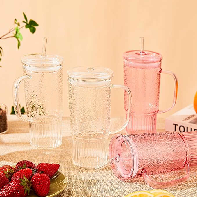 GOSCHE Glass Cups with Lids and Straws, 24oz Clear Iced Coffee Cups with Handle, Glass Tumbler with Straw and Lid for Smoothie Water Tea Juice, Clear, 2 Pack