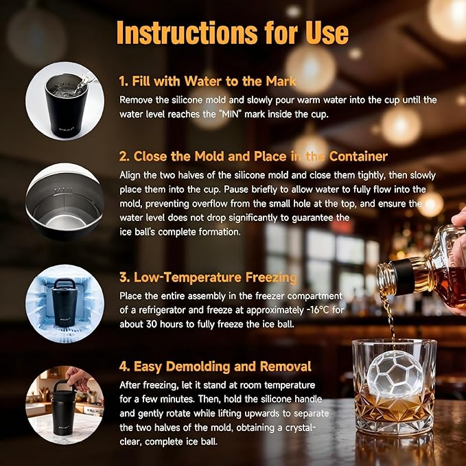 Clear Ice Cube Maker Premium Gift Set – Stainless Steel Whiskey Ice Ball Mold, 2.5” Soccer Ice Sphere with BPA-Free Silicone, Slow Melting Easy Release Ice for Bourbon & Cocktails,Gifts for Men Dad
