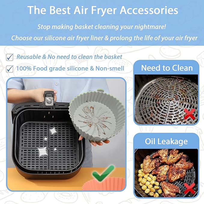 Air Fryer Silicone Liners - Reusable Non-stick Air Fryers Silicone Pot Liner Compatible with COSORI AirFryer Basket Accessories (X-Large - 7.3 Inch, Fit 4.2 to 6 Qt, Gray)
