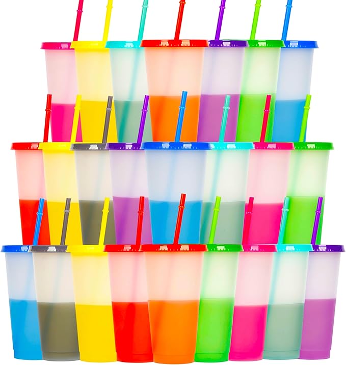 Color Changing Cups, 24 Pack 24oz Plastic Tumblers, Reusable Iced Coffee & Smoothie Cups with Lids and Straws for Parties and Travel (24, White)