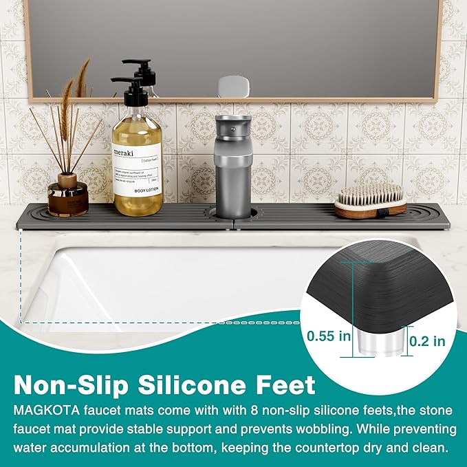 Stone Faucet Mat for Kitchen Sink - Quick Dry Diatomite Sink Splash Guard, Prevents Moisture Buildup & Water Stains, Water Absorbing Stone Tray for Bathroom Countertop (Dark Gray, 30" x 4")