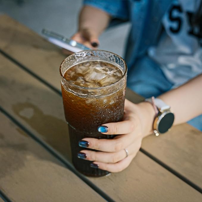 22oz Glass Tumblers with Glass Lids and Straws - Stylish Vintage Ribbed Design for Iced Coffee, Juice, Smoothies, Milkshakes, Cold Beverages & Whiskey Cocktail Beer (2pack-22OZ-Glass lid)