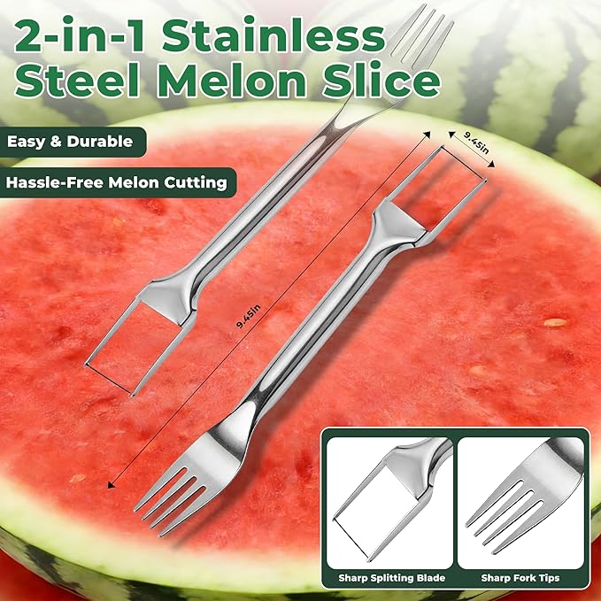 Watermelon Cutter, 2-in-1 Stainless Steel Watermelon Fork Slicer Cutter, Ergonomic Handle, Home Kitchen Gadgets for Watermelon, Cantaloupe, Honeydew & Other Summer Fruit (1PCS)