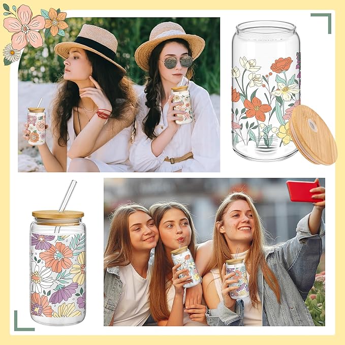 Mumufy 4 Pack Gift for Women Bohemian Flower Cute Glass Cup Tumbler Boho Floral Iced Coffee Mugs 16 oz Glass with Bamboo Lid & Straw, Mothers Day Birthday Gift for Mom Sister Bridesmaid Baby Shower