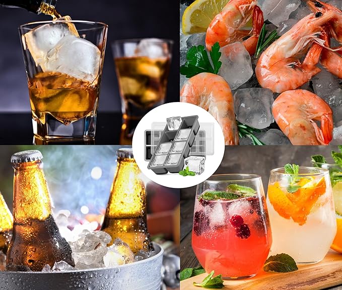 Ice Cube Trays 4 Pack, JRISBO Large Silicone Ice Cube Molds with Leak-Proof Lid, TPE Frame & Easy Release Bottom, Stackable Freezer Ice Trays for Whiskey, Cocktails, Soup, BPA Free