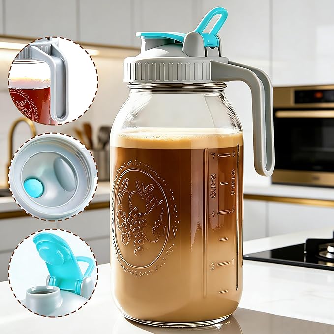 Mason Jar Cold Brew Coffee Maker 32 Oz Wide Mouth Cold Brew Pitcher 1 Quart Airtight & Leakproof Mason Jar Pitcher With Stainless Steel Fine Mesh Filter For Coffee, Iced Tea, Sun Tea, Lemonade