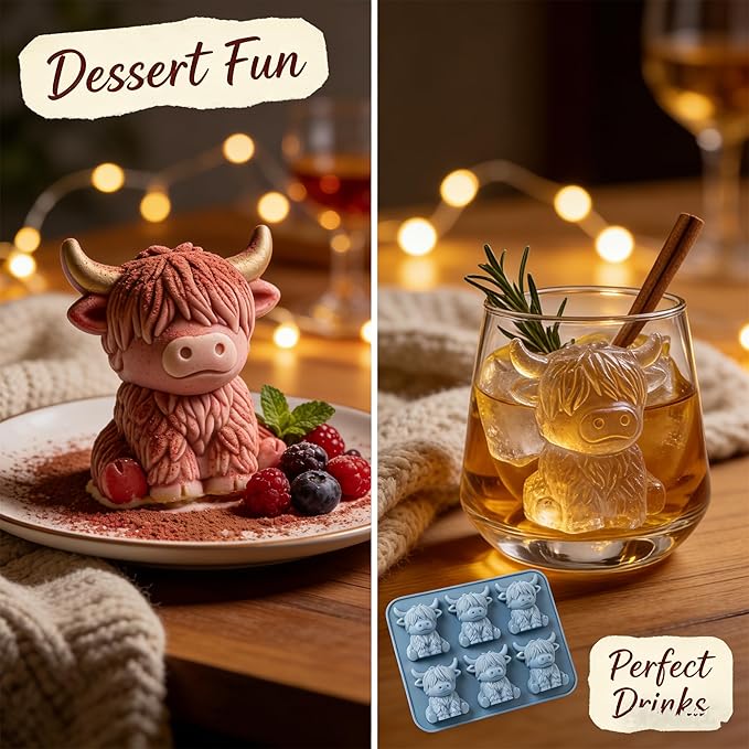 Mini Highland Cow Ice Cube Mold,Funny 3D Highland Cow Ice Cube Tray,Cute Animal Silicone Molds for Whiskey,Cocktails, Beer & Drinks, Novelty Cow Easter Molds Perfect Gifts for Friends(6-Cavity)