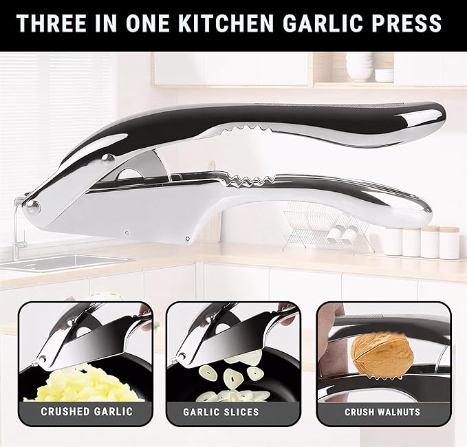 Garlic Press Stainless Steel, Heavy Duty Garlic Crusher & Mincer, Easy Squeeze Ergonomic Handle, Dishwasher Safe, Includes Peeler & Brush, 3-in-1 Set