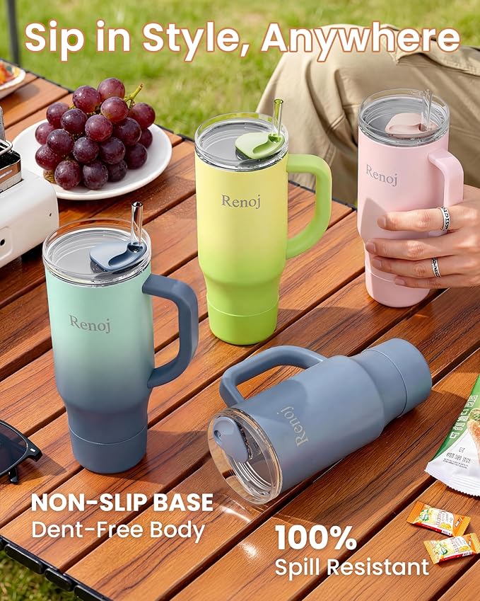 Renoj Insulated Mug 100% Spill Resistant Insulated Water Bottle for Iced Coffee & Hot Drinks - Fits Car Cup Holder, Ideal Gift, 2 Straws & Silicone Boot - FlexSlide Blue Gradient 40 oz