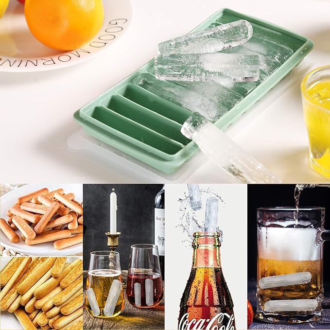 LessMo 2 PCS Ice Cube Tray, Long Ice Stick Tray Silicone with Lid, Rectangular Narrow Stick, Reusable, Flexible, Easy Release, for Small Mouth Sport Bottles, Juice Bottles, Cocktail Parties, Green