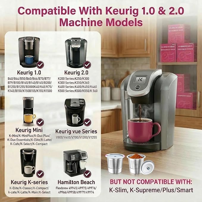 Reusable K Cups for K eurig 1.0 & 2.0 Coffee Makers, 1-Hole Stainless Steel Reusable Coffee Pods, Refillable K Cup Filter for K-Mini/Express/Classic/Elite, Leak Proof, BPA Free, Easy to Clean, 1 Pack