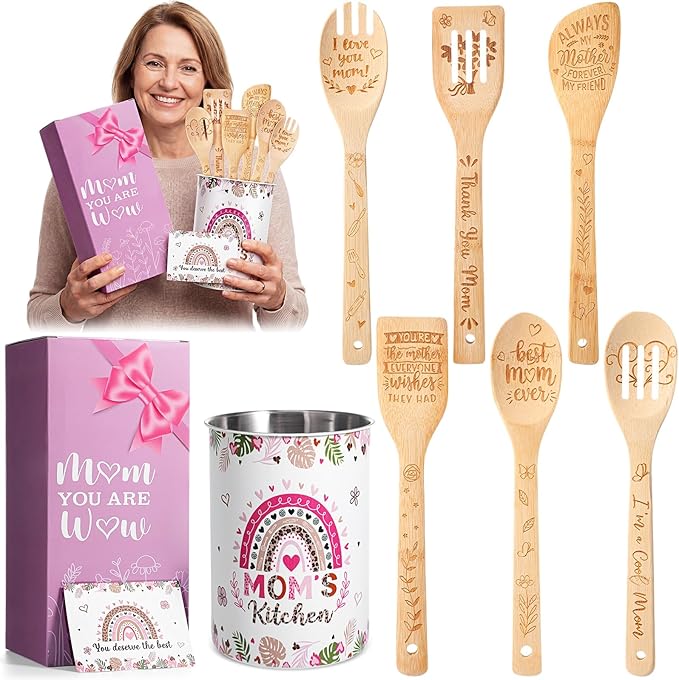 Reallnaive 9 Pieces Christmas Mom Utensil Holder Gifts Wooden Cooking Spoons Greeting Card Gift Box Boho Stainless Steel Utensil Holder for Mom Birthday Kitchen Gadgets Presents