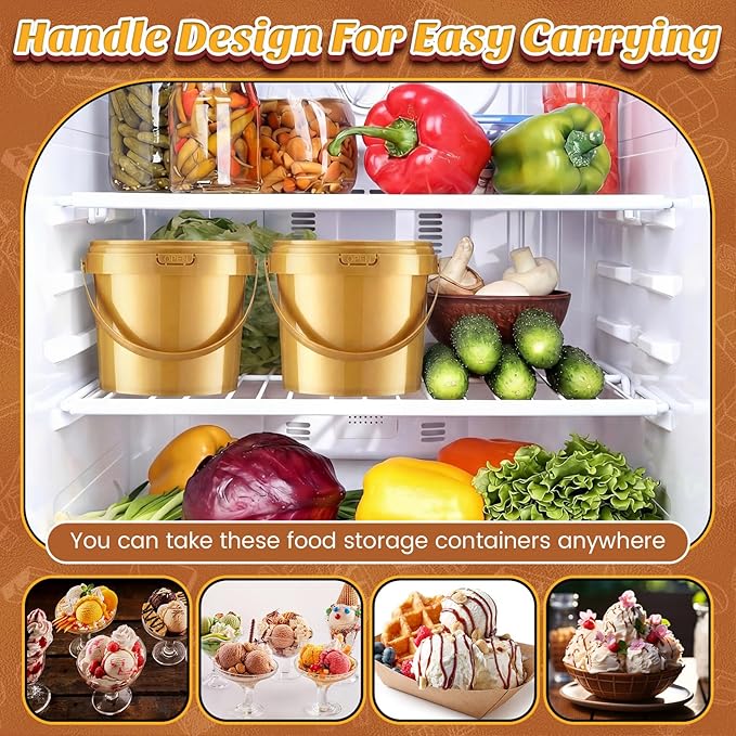 Funnymoom 20 Pack 48 oz Gold Buckets with Lid Plastic Ice Cream Buckets with Lid and Handle Ice Cream Tub Food Storage Containers Round Plastic Pails Freezer and Microwave Safe for Food