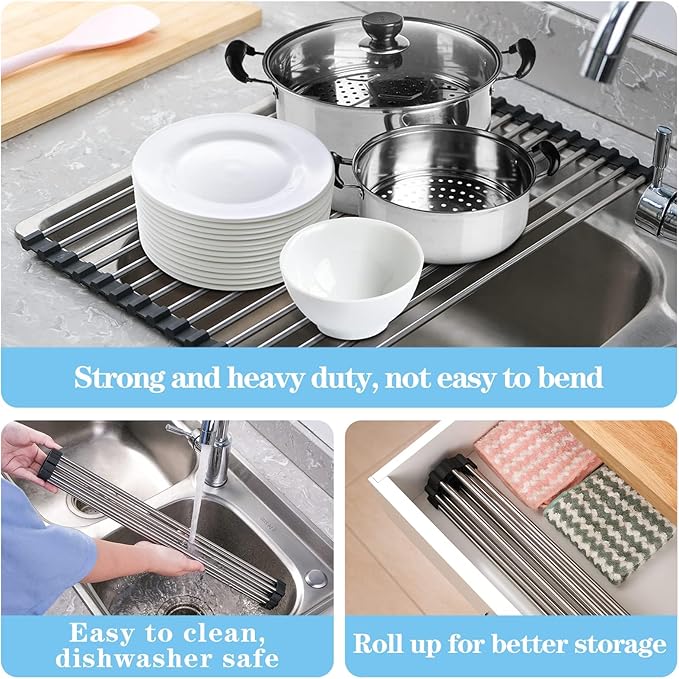Seropy Roll Up Dish Drying Rack Over The Sink Drying Rack for Kitchen Counter, Rolling Dish Rack Over Sink Mat, Foldable Dish Drainer Stainless Steel Rack Kitchen Organization Gadgets Black 17"x11.8"