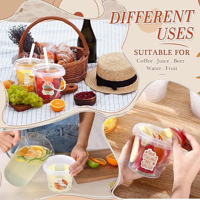 Funnymoom 30 Set 24 oz Clear Drink Buckets Cups with Lids & Straws Boho Disposable Plastic Rum Cocktail Pails Bulk with Handles & Stickers for Adults Bachelorette Graduation Tailgate Party Supplies