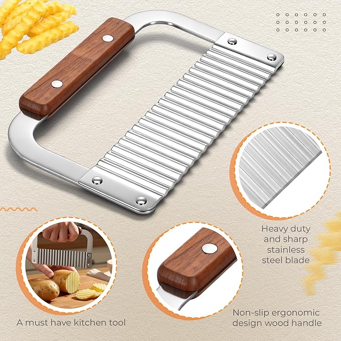 Patelai 2 Pcs Crinkle Cutter Set for Potato Vegetable French Fry, Stainless Steel Blade Wavy Slicer, Wavy Crinkle Cutting Tool Salad Chopping Knife Soap Fruit French Fry Slicer (Wooden Handle,Rufous)