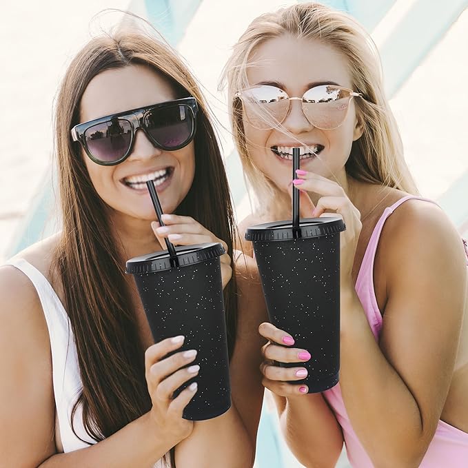 Suertestarry Tumbler with Straw and Lid,Water Bottle Iced Coffee Travel Mug Cup,Reusable Plastic Cups,Perfect for Parties,Birthdays… (Black Glitter, 10 pack)