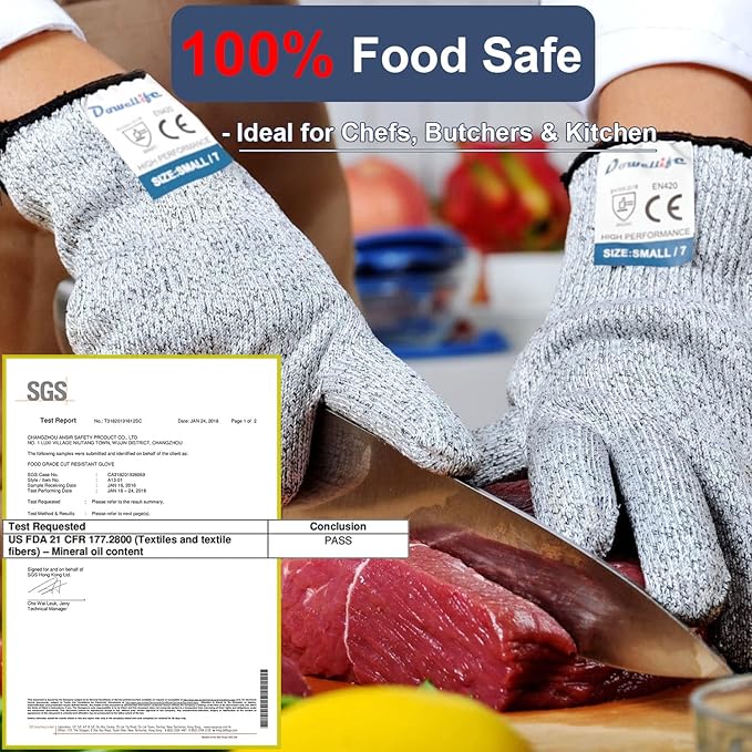 Dowellife Cut Resistant Gloves Food Grade Level 5 Protection, Safety Kitchen Cuts Gloves for Oyster Shucking, Fish Fillet Processing, Mandolin Slicing, Meat Cutting and Wood Carving. (Medium-3 Pairs)
