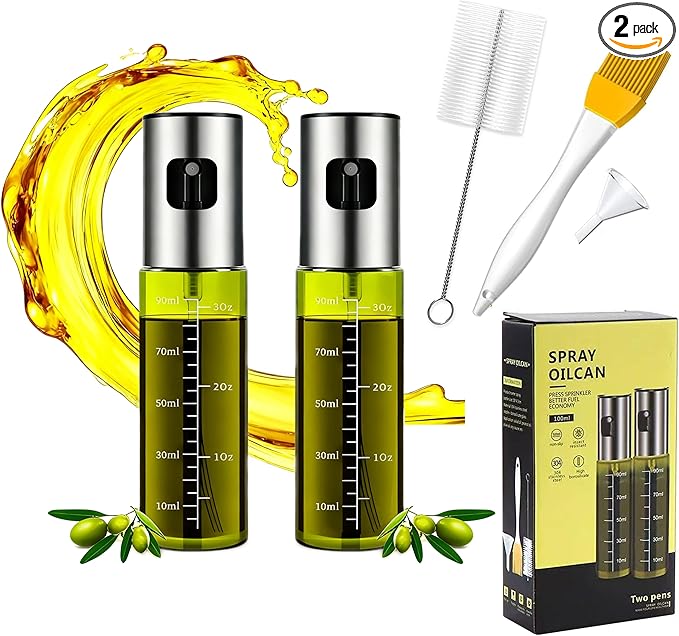 Oil Sprayer for Cooking - Olive & Avocado Oil Spray Bottle, 100ml Food Grade Glass Mister with Adjustable Nozzle for Kitchen Gadgets, Air Fryer, Salad, Frying, BBQ (2PCS)