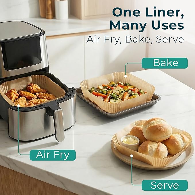 Cathy Yoder's AirFryer Paper Liners, 250 PCS 8 inch Square Air Fryer Liners Disposable, Premium, Food-Grade Easy Cleanup Air Fryer Parchment Paper Sheets, Airfryer Liner for 5-8QT, Baking & Roasting